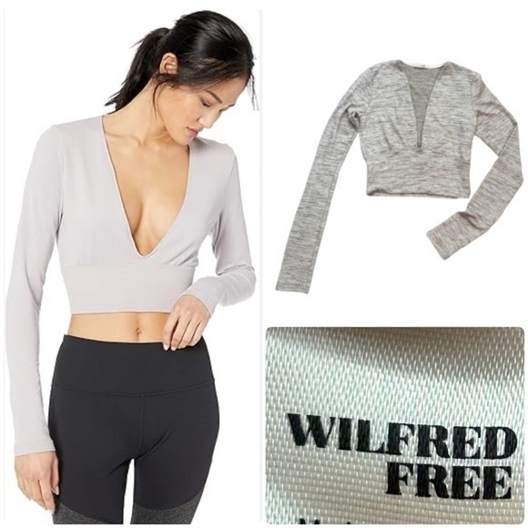 Aritzia Tops - Aritzia Wilfred Free Deep V-Neck Long Sleeve Heathered Grey Crop Top